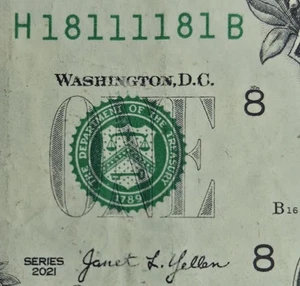 Binary Radar 6×2 1s & 8s Fancy Serial Number H18111181B 2021 1$ One Dollar Bill - Picture 1 of 3