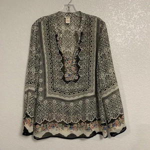 Sundance Top Womens L Boho Silk Beaded Sequin Floral Scarf Print Semi Sheer - Picture 1 of 18