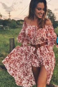 Morrisday the Label Maxi Skort Dress Sz Small Red/White Floral Print Tie Neck - Picture 1 of 8