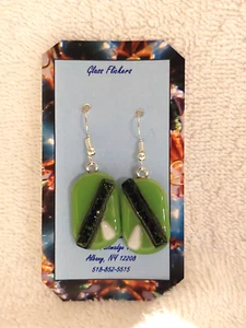 Fused glass earrings: olive green with green iridescent and white - Picture 1 of 2