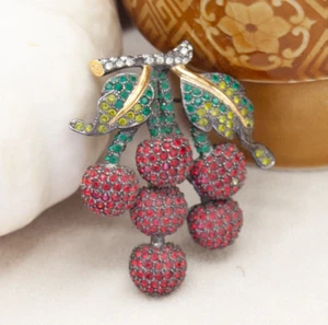 Joan Rivers Thailand Pave Crystal Rhinestone Cherries Cherry Bunch Brooch Pin - Picture 1 of 15
