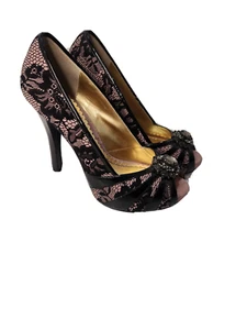 Hale Bob Lace Rhinestone High Heel Pumps Women's  Shoes 7 Black Pink - Picture 1 of 6
