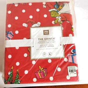 Set lenzuola regina festive Pottery Barn Teen The Grinch cotone biologico percalle - Foto 1 di 1
