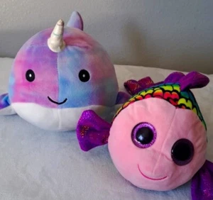 Kellytoy Squishmallow Narwhal & TY Fish Stuffed Plush Animal Multicolor  - Picture 1 of 24