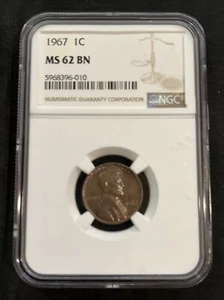 1967 LINCOLN PENNY NCG MS 62 BN CERTIFIED ( WOW TONEING COLORS) - Picture 1 of 4
