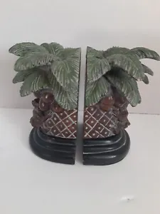 Palm Tree Book Ends Pair With Monkey Brown Heavy - Picture 1 of 8