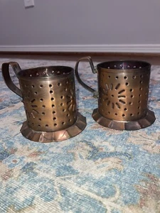 2 Early Pfaltzgraff Village 4 7/8" 8 oz. Cup or Mug & Punched Copper Holders - Picture 1 of 3