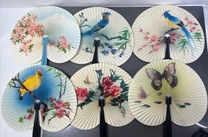 6 abanicos de papel plegables vintage pájaros marcos de metal florales República de China, buenos - Imagen 1 de 10