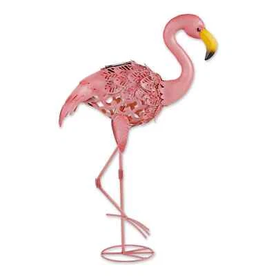 Flamingo Leaning Solar Metal Statue - Image 1 of 4