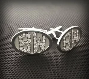 Lab-Created CVD Diamond Customized Initial Oval Cufflinks In Real 10K White Gold - Picture 1 of 7