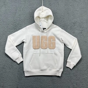 UGG Rey UGGfluff Logo Hoodie Womens Small Nimbus Sand Sweatshirt Soft Luxury - Picture 1 of 19