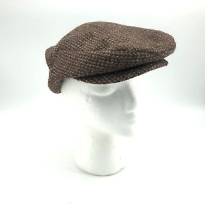Vintage HARRIS TWEED Flat Cap Newsboy Hat 100% Wool Brown Made in USA Medium M