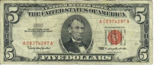 1963 5$ United States Note - Red Seal Right, KOG/CDD A08374297A - #13570 - Picture 1 of 2