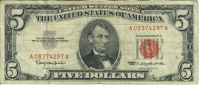 1963 5$ United States Note - Red Seal Right, KOG/CDD A08374297A - #13570 - Image 1 of 2