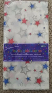 Brand New Paper Art Plastic Tablecover 54in X 108in Stars Red,White&Blue - Picture 1 of 2