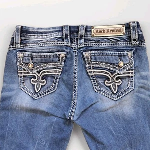 Rock Revival Blue Jeans Women’s 32x26 Easy Crop Western Rock Bling Embellished - Picture 1 of 21