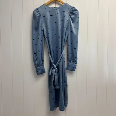 H&M Satin Avant Garde Whimsical Bird Midi Dress Size 8 Elegant Unique Feminine - Image 1 of 4