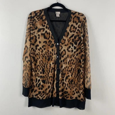 Chicos Animal-Print Mesh Cardigan Size 1 US Medium Stretch Button Front - Image 1 of 4