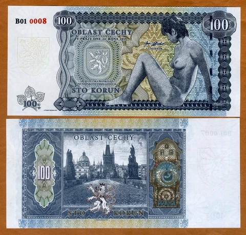 Bohemia, 100 Korun, Private Issue Essay, 2019, Limited Issue, Nude Allegory UNC Cover