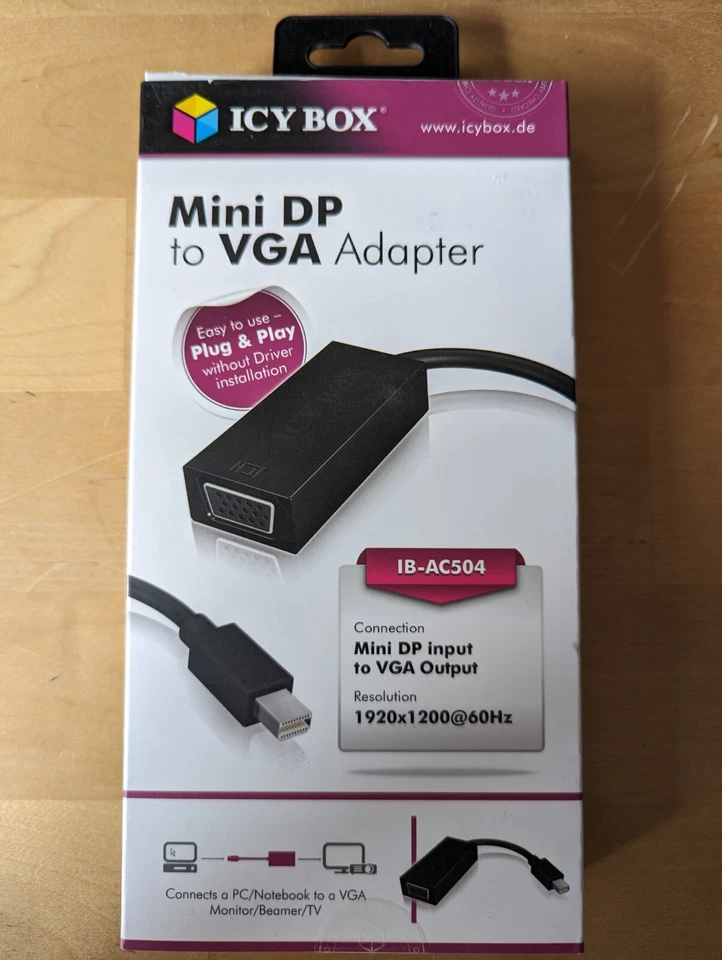 ICY BOX IB-AC504 Mini DisplayPort DP zu auf VGA Adapter Full HD 60Hz - NEU - Bild 1 von 1