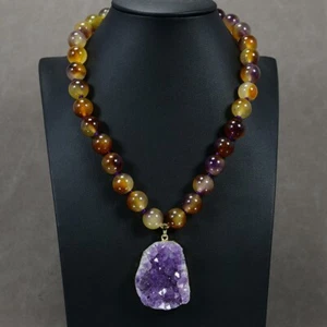 Collana perline filo giada marrone colore misto ametista quarzo geode grezzo pendente - Foto 1 di 10