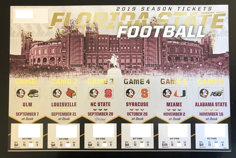 2019 Florida State Seminoles Football Collectible Ticket Stub - Any Home Game Cover