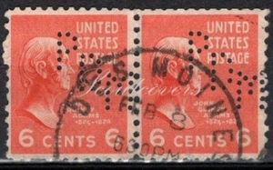 Perfins USA 1938, Sc811 2x 6c John Adams. Used PDM - Picture 1 of 3