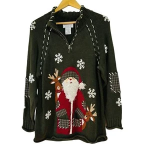 Vintage Holiday Santa Reindeer Snowflake Christmas Sweater Green Size XL - Picture 1 of 3