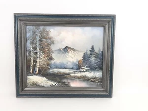 Original Oil Painting Snowy Landscape Mountain Peak House by River 16"x20" Frame - Picture 1 of 8