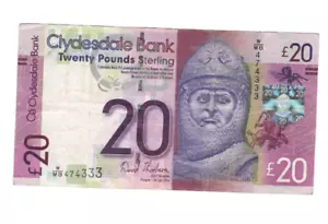 CLYDESDALE BANK SCOTLAND £20 NOTE 2014 NICE PREFIX W/MB 474333 FREEPOST UK - Picture 1 of 2