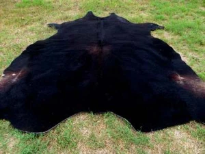 MAKE OFFER !! LARGE BLACK SOLID Cowhide Rug natural HAIR ON Cow Hide Skin bp - Picture 1 of 6