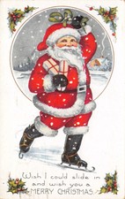 Christmas Postcard Santa Claus Holding Mistletoe Over Head Ice Skating~125623