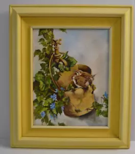 Vintage Painting Two Sparrow Birds on Garden Pail Flowers Oil on Canvas Framed - Picture 1 of 24