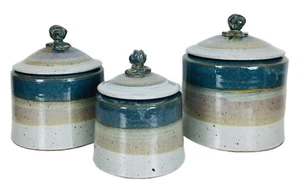 60s 70s Vintage MCM Gray Blue Set of Three Stoneware Kitchen Canisters NEW - Picture 1 of 10