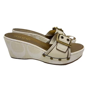 COACH Elaine Monogram Wedge Sandals Cream White Studded Buckles Size 7M Y2K - Picture 1 of 13
