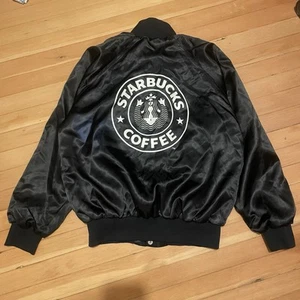Vintage 80s Starbucks Satin Bomber Jacket Mens M Employee Nylon Made In USA - Picture 1 of 10