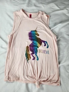 Love Peace & Lip Gloss L 14 Girls Tank Top Pink Rainbow Unicorn Believe Knot Hem - Picture 1 of 9