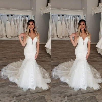 Romantic Mermaid Wedding Dresses V Neck Lace Appliques Sweep Train Bridal Gowns - Image 1 of 4