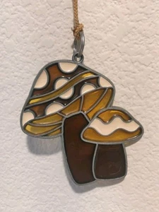Vintage Mushrooms Hanging 4" Sun Catcher Stained Glass Ornament Brown - Picture 1 of 4