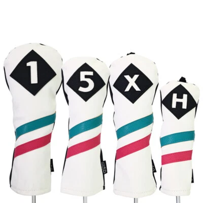 Majek Retro Golf 1 5 X H Driver Wood Hybrid Headcover White w/ Teal Pink Stripe - Image 1 of 4