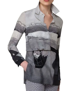 Akris Vivian Maier Shadow Print Top Bluse Seide schwarz weiß Graustufen 12 - Bild 1 von 17