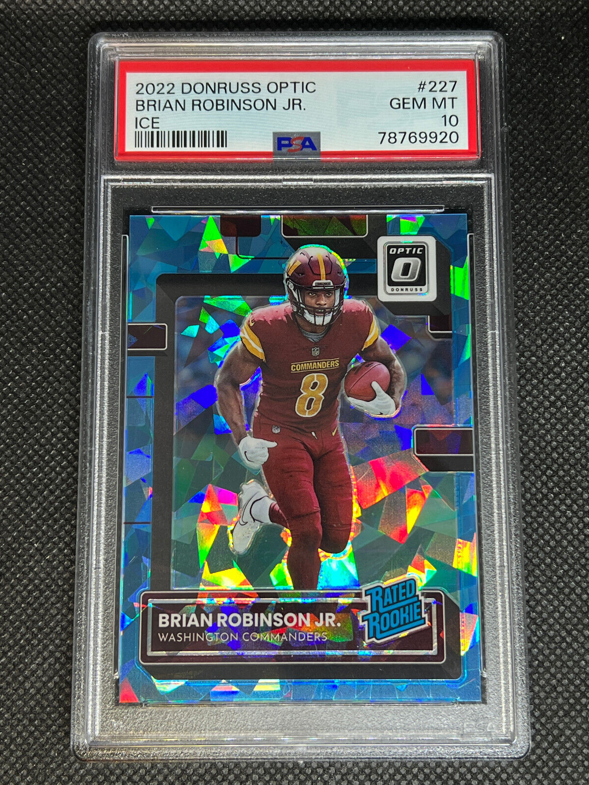 Brian Robinson Jr. 2022 Optic Blue Ice Prizm Rated Rookie RC 13/15 #227 PSA 10