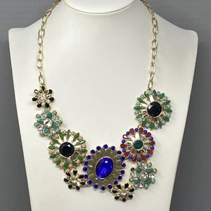 J Crew Bib Necklace Glam Multi Color Floral Rhinestones Ornate Asymmetrical 21" - Picture 1 of 13