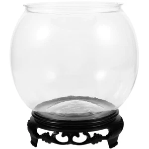 Glass Fish Bowl with Wood Holder Transparent Round Desktop Goldfish Fish Tank - Picture 1 of 9