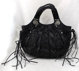 BEBE Black Signature Canvas Faux Snake Trim Tassel Fringe Patchwork Hobo Bag New - Picture 1 of 6