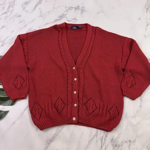 OBR Damen Vintage 90er Grobstrick Cardigan Pullover Gr. L rot Zopfmuster Cottagecore - Bild 1 von 11