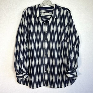Talbots Ikat Bluse Damen 1X Blau Weiß Knopfleiste Rollriegelärmel Neu - Bild 1 von 12