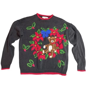 Womens Ugly Christmas Sweater Teddy Bear Poinsettia Wreath Crew Neck Knit - Picture 1 of 3