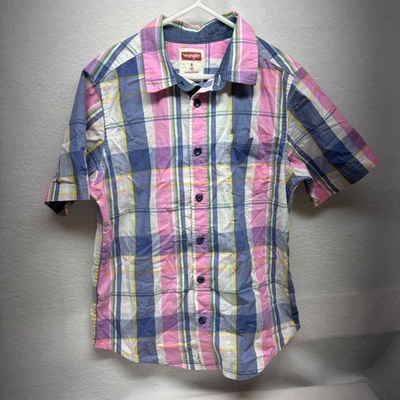 Wrangler 男孩格子短袖纽扣衬衫 M 8 码粉色蓝色黄色白色 — 第 1/4 张图片