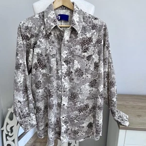 vintage 70s Floral shirt Brown White Western USA Retro Print Ditsy - Picture 1 of 12